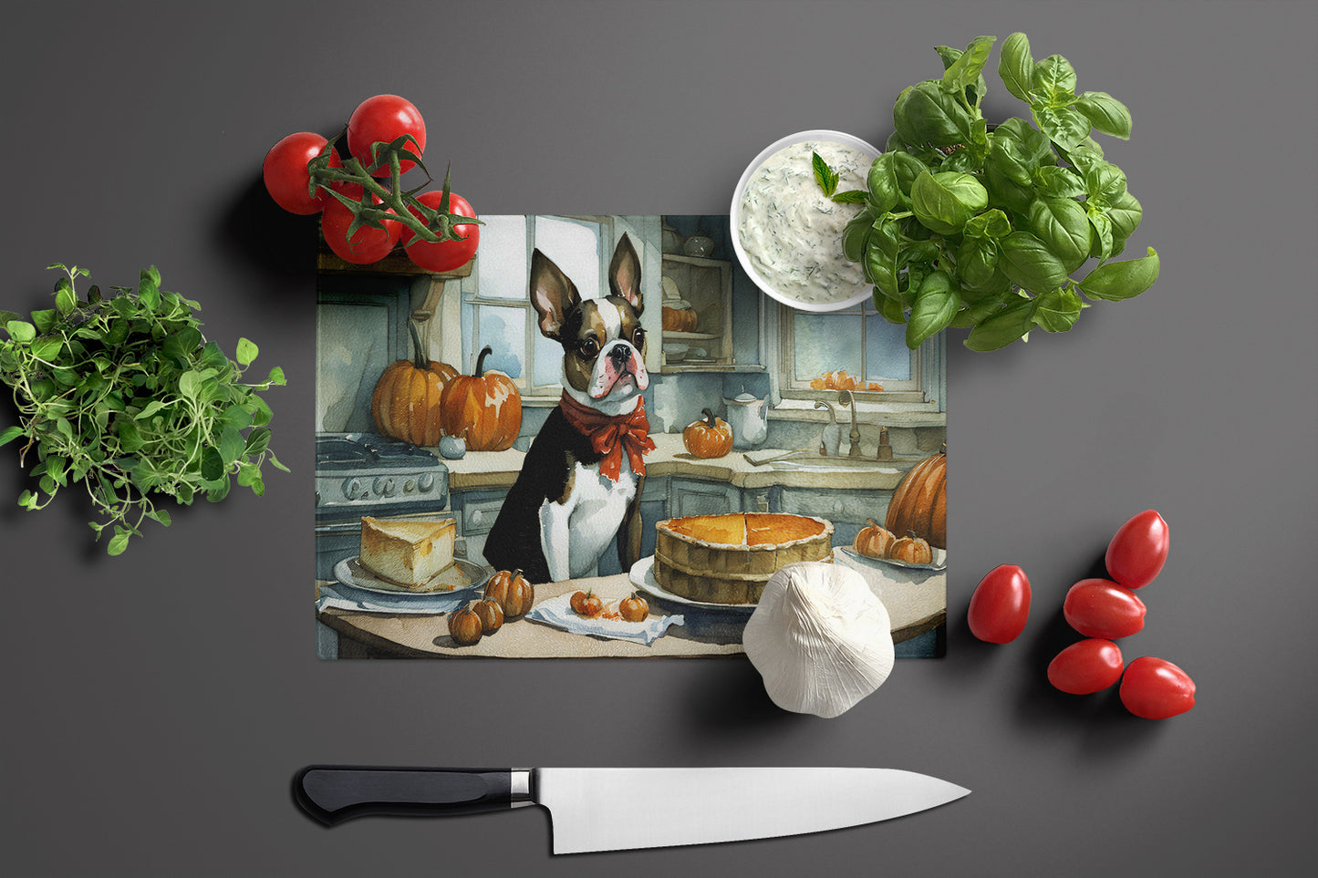 Boston Terrier Fall Kitchen Pumpkins Glass Cutting Board