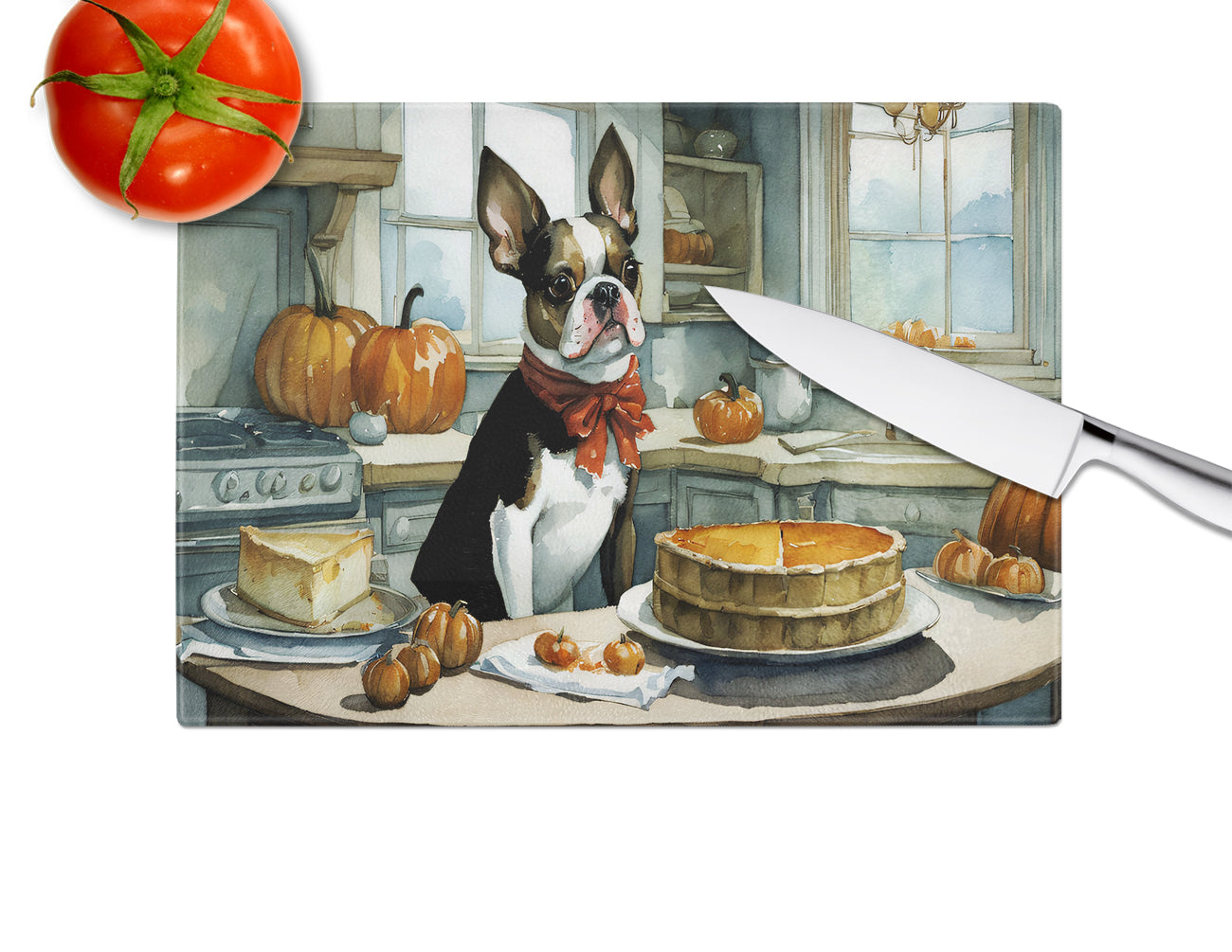 Boston Terrier Fall Kitchen Pumpkins Glass Cutting Board