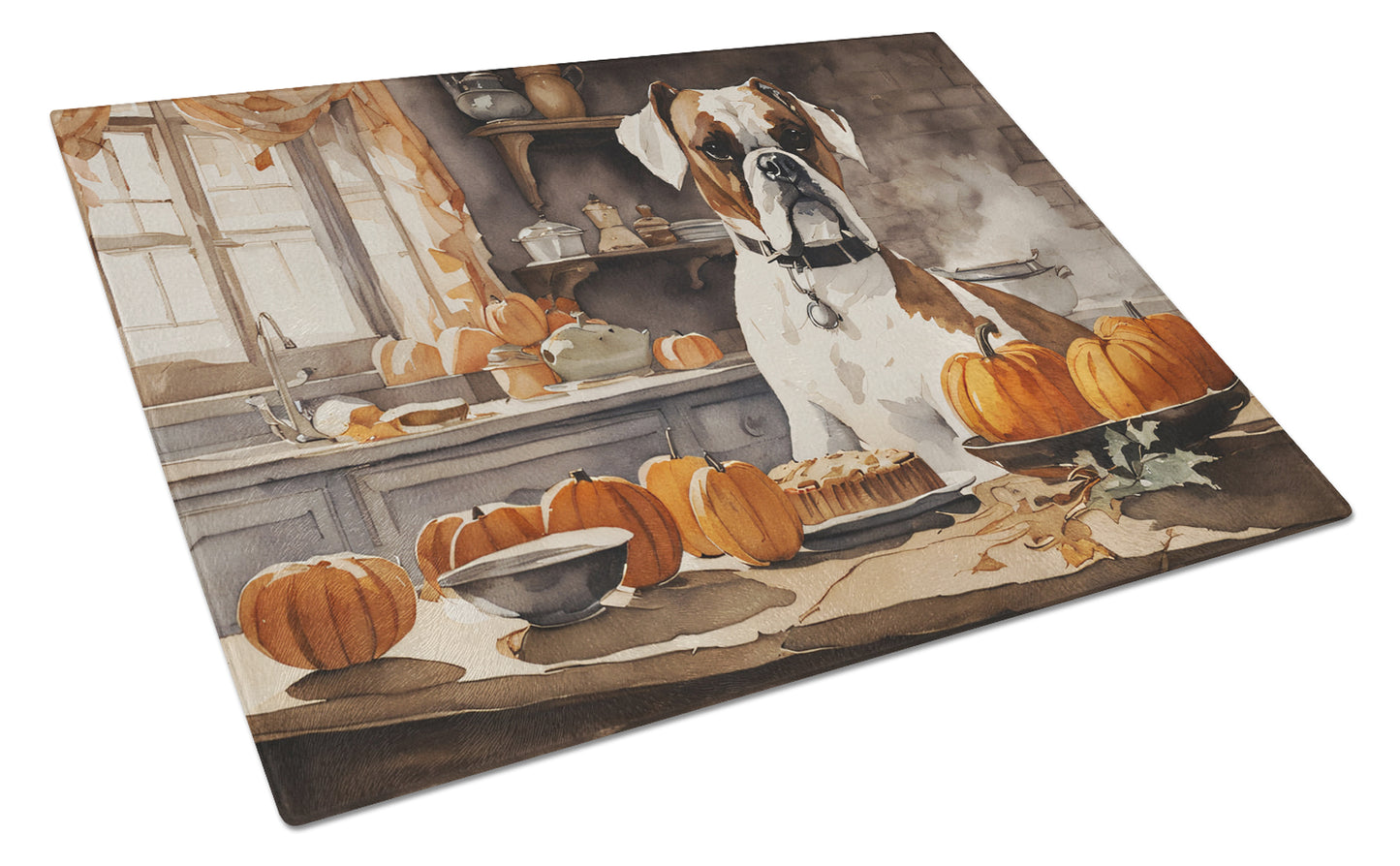 Buy this Boxer Fall Kitchen Pumpkins Glass Cutting Board