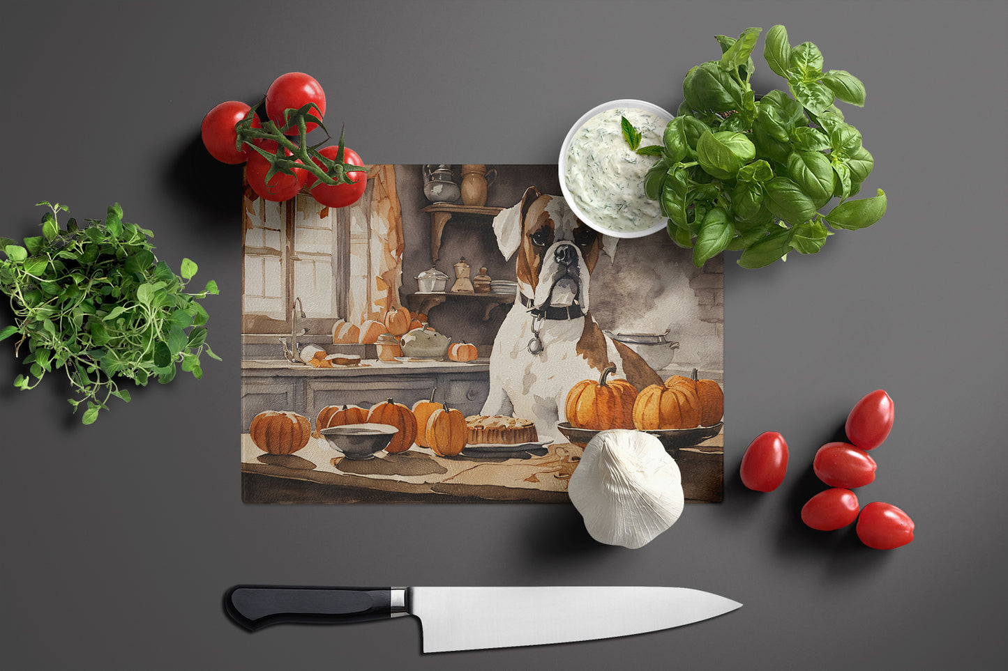 Boxer Fall Kitchen Pumpkins Glass Cutting Board