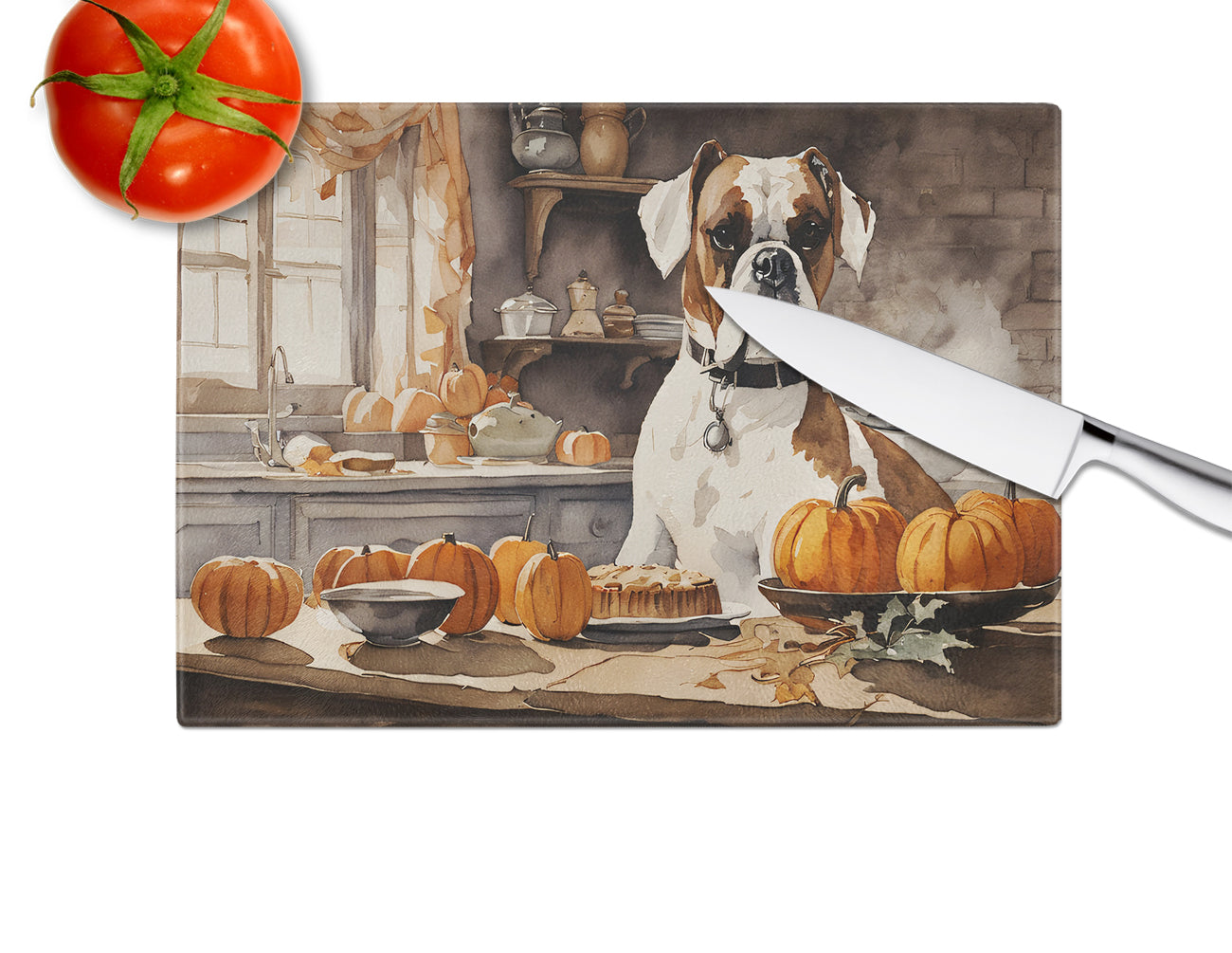 Boxer Fall Kitchen Pumpkins Glass Cutting Board