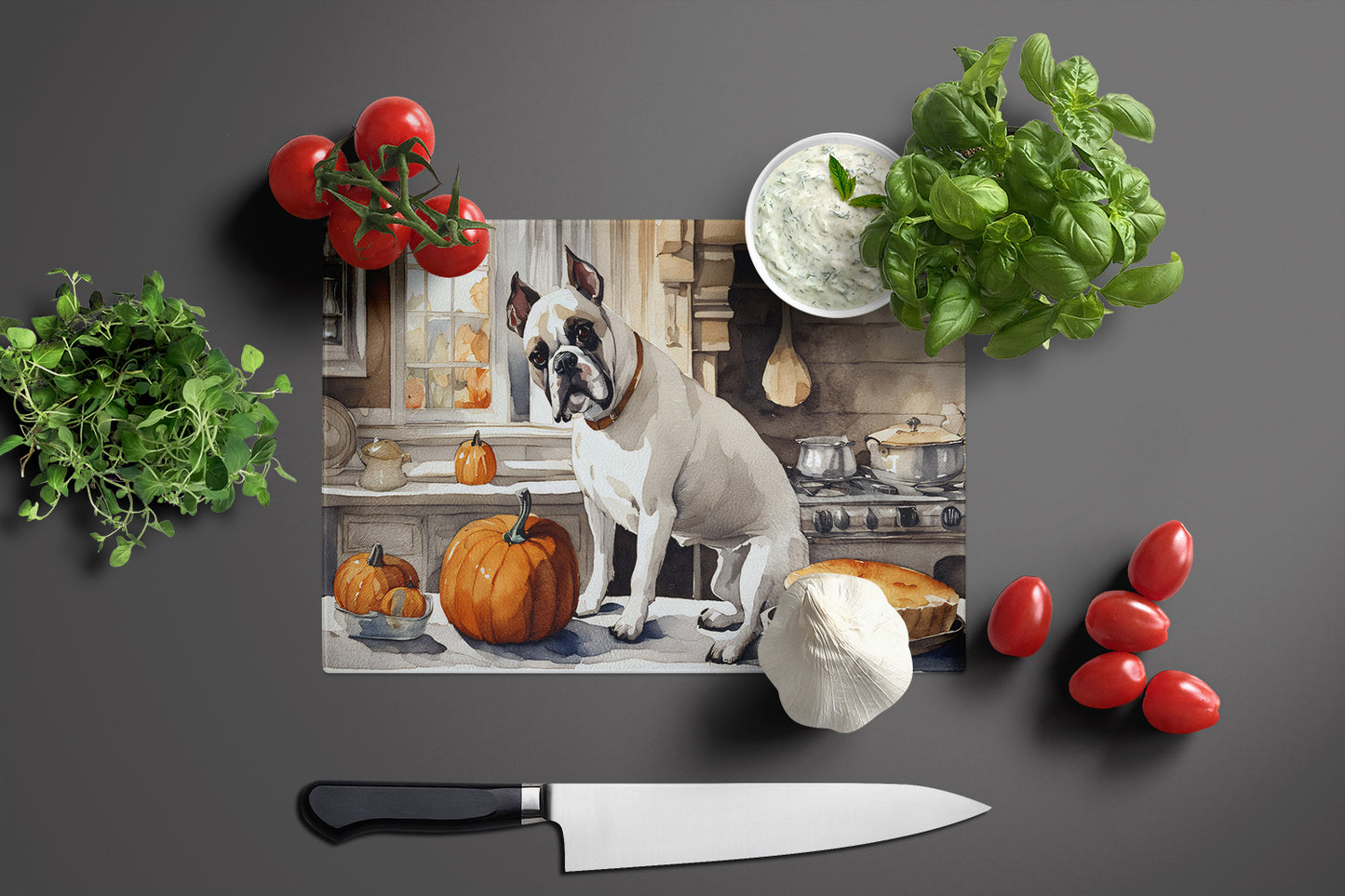 Boxer Fall Kitchen Pumpkins Glass Cutting Board