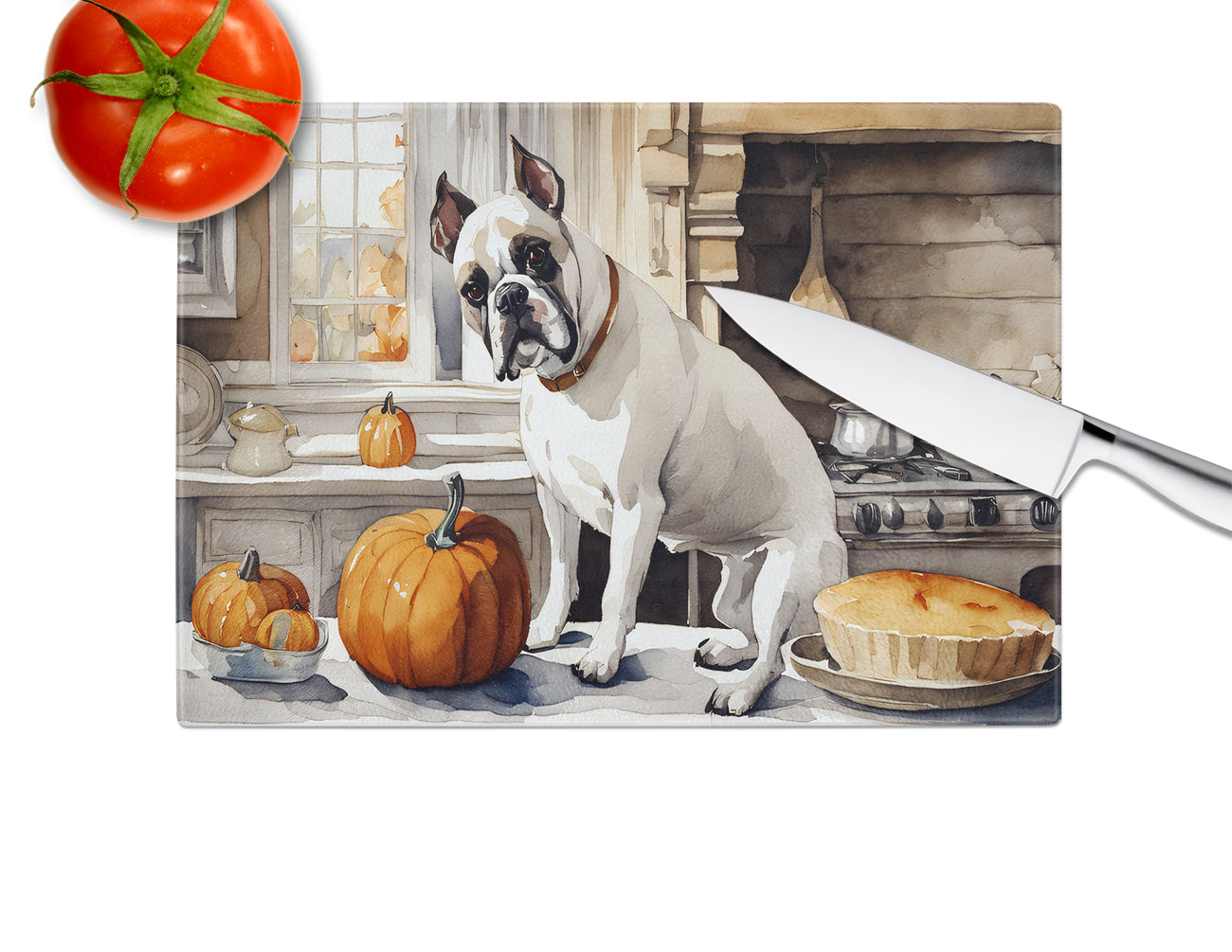 Boxer Fall Kitchen Pumpkins Glass Cutting Board