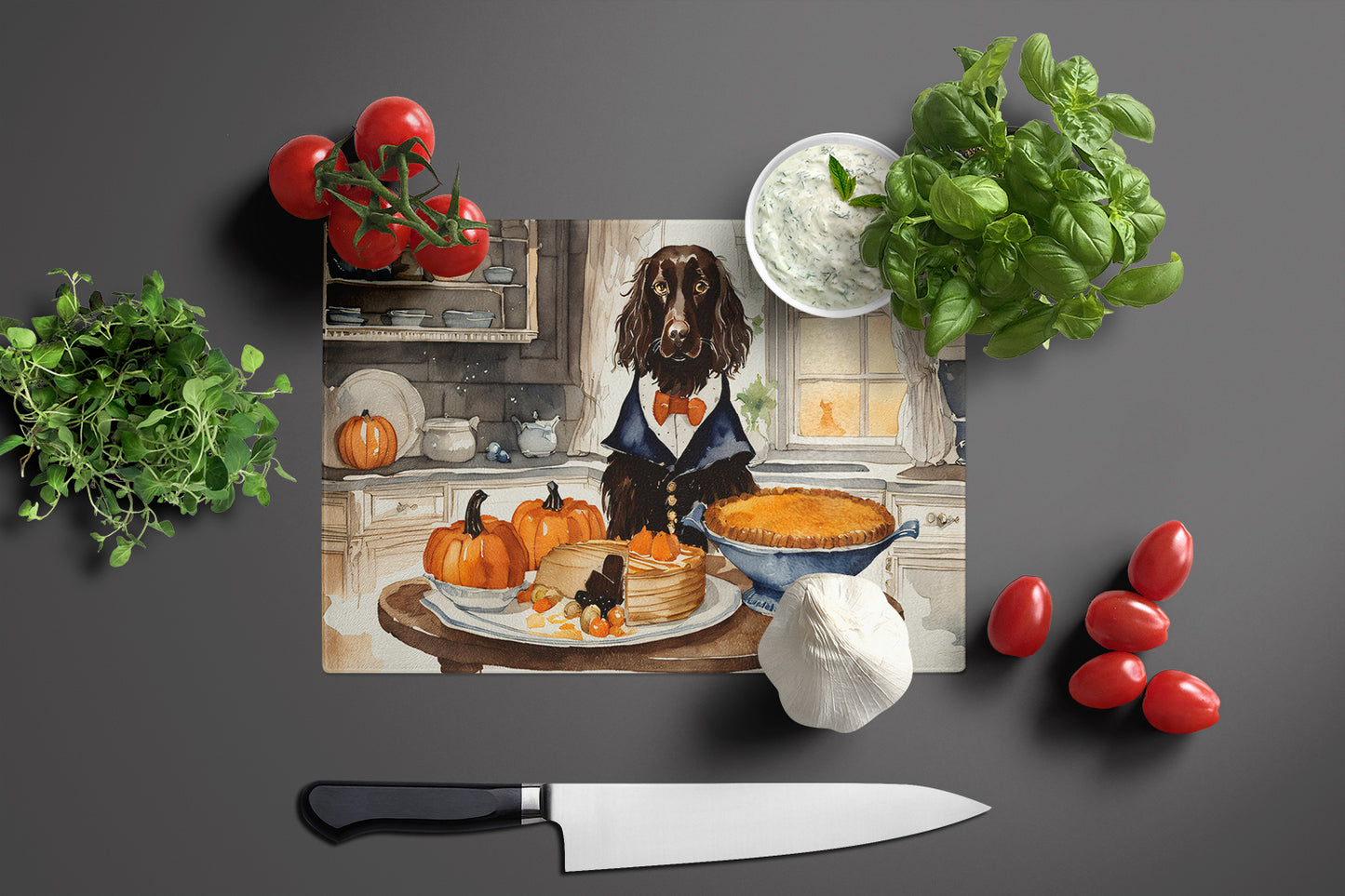 Boykin Spaniel Fall Kitchen Pumpkins Glass Cutting Board