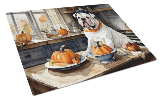 Buy this English Bulldog Fall Kitchen Pumpkins Glass Cutting Board