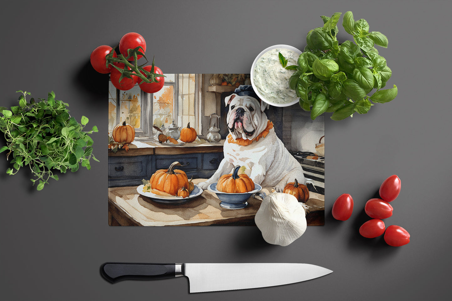 English Bulldog Fall Kitchen Pumpkins Glass Cutting Board