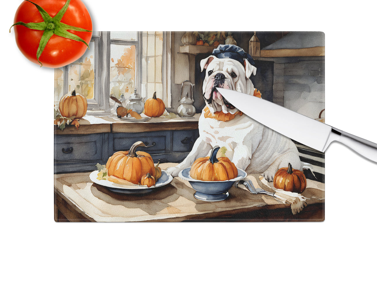 English Bulldog Fall Kitchen Pumpkins Glass Cutting Board