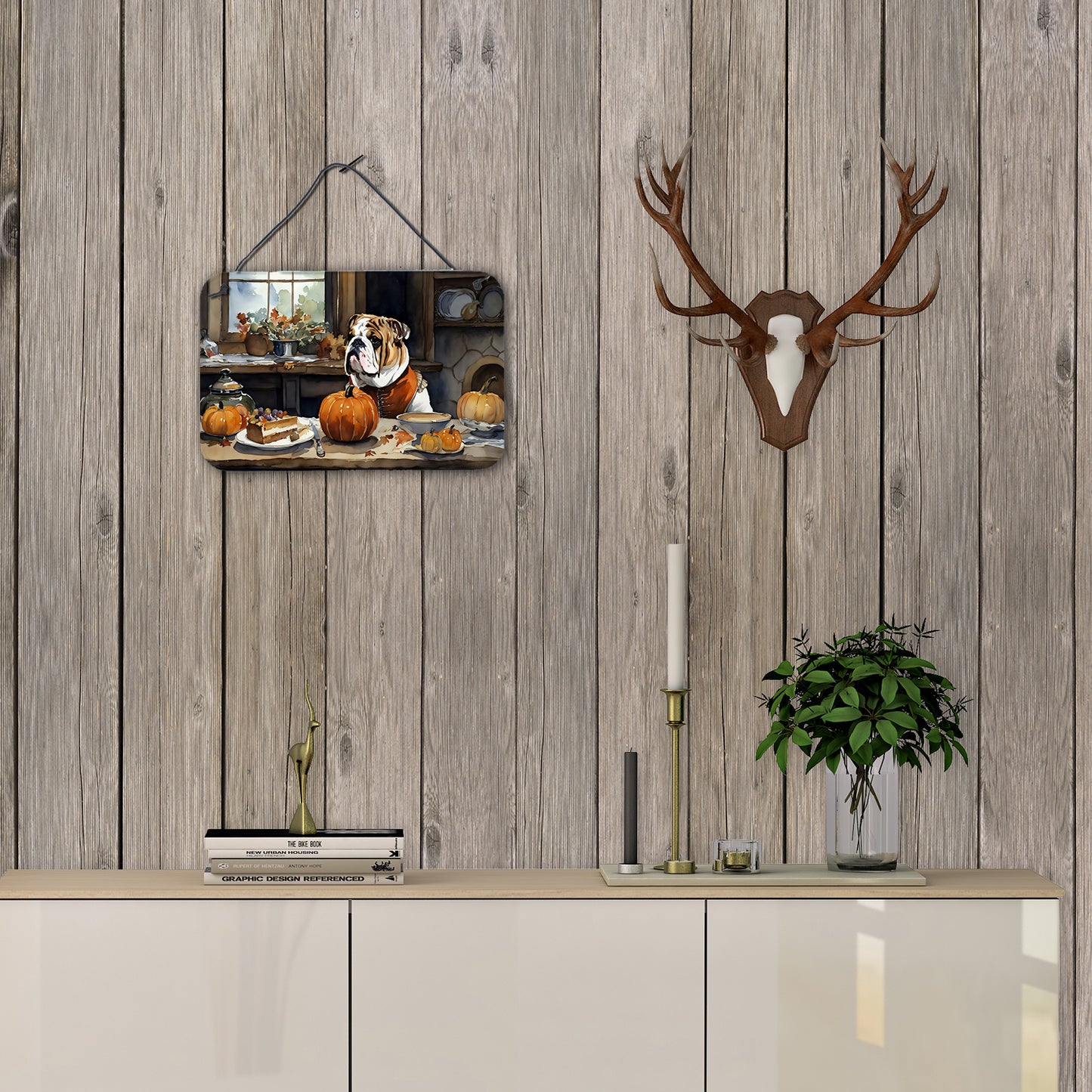 English Bulldog Fall Kitchen Pumpkins Wall or Door Hanging Prints
