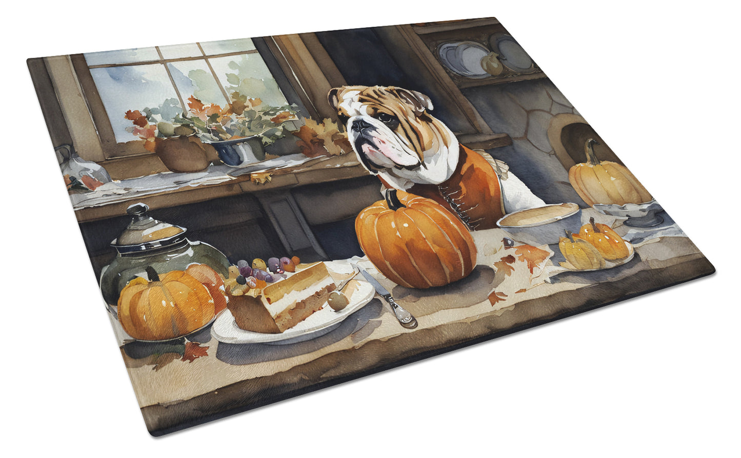 Buy this English Bulldog Fall Kitchen Pumpkins Glass Cutting Board