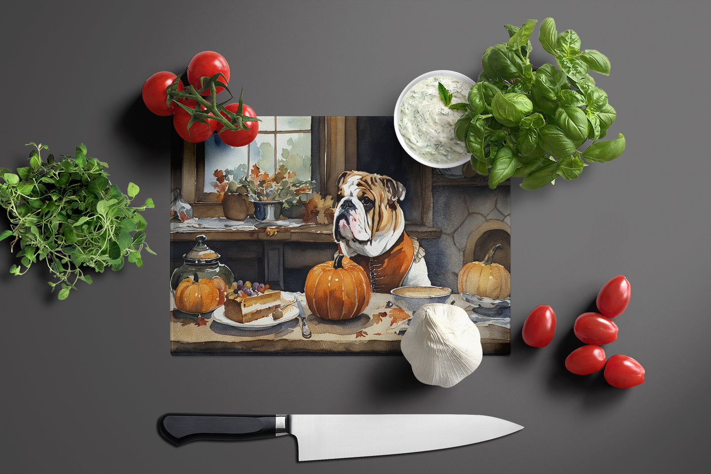 English Bulldog Fall Kitchen Pumpkins Glass Cutting Board