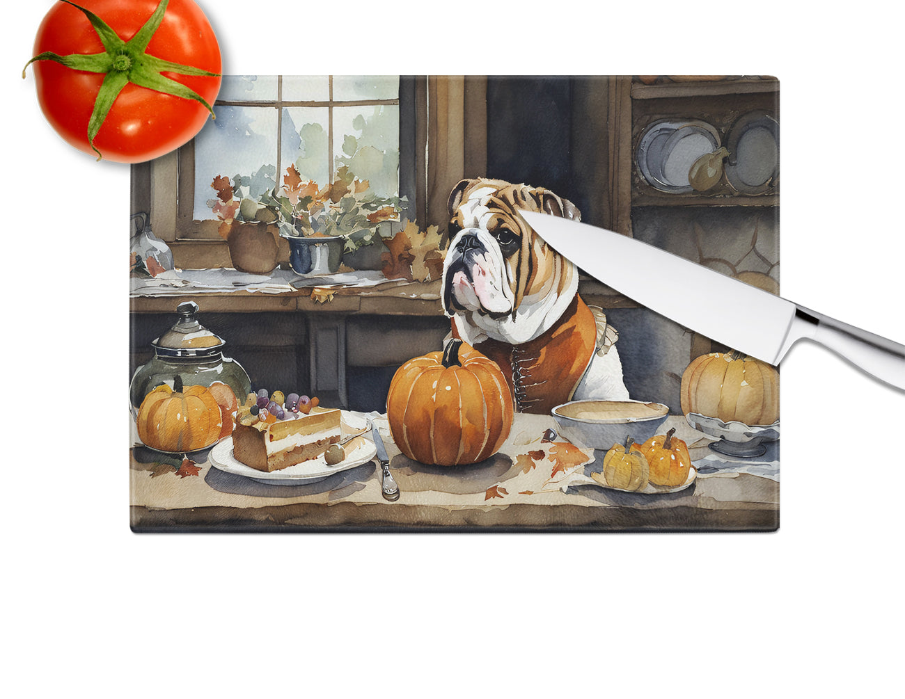 English Bulldog Fall Kitchen Pumpkins Glass Cutting Board