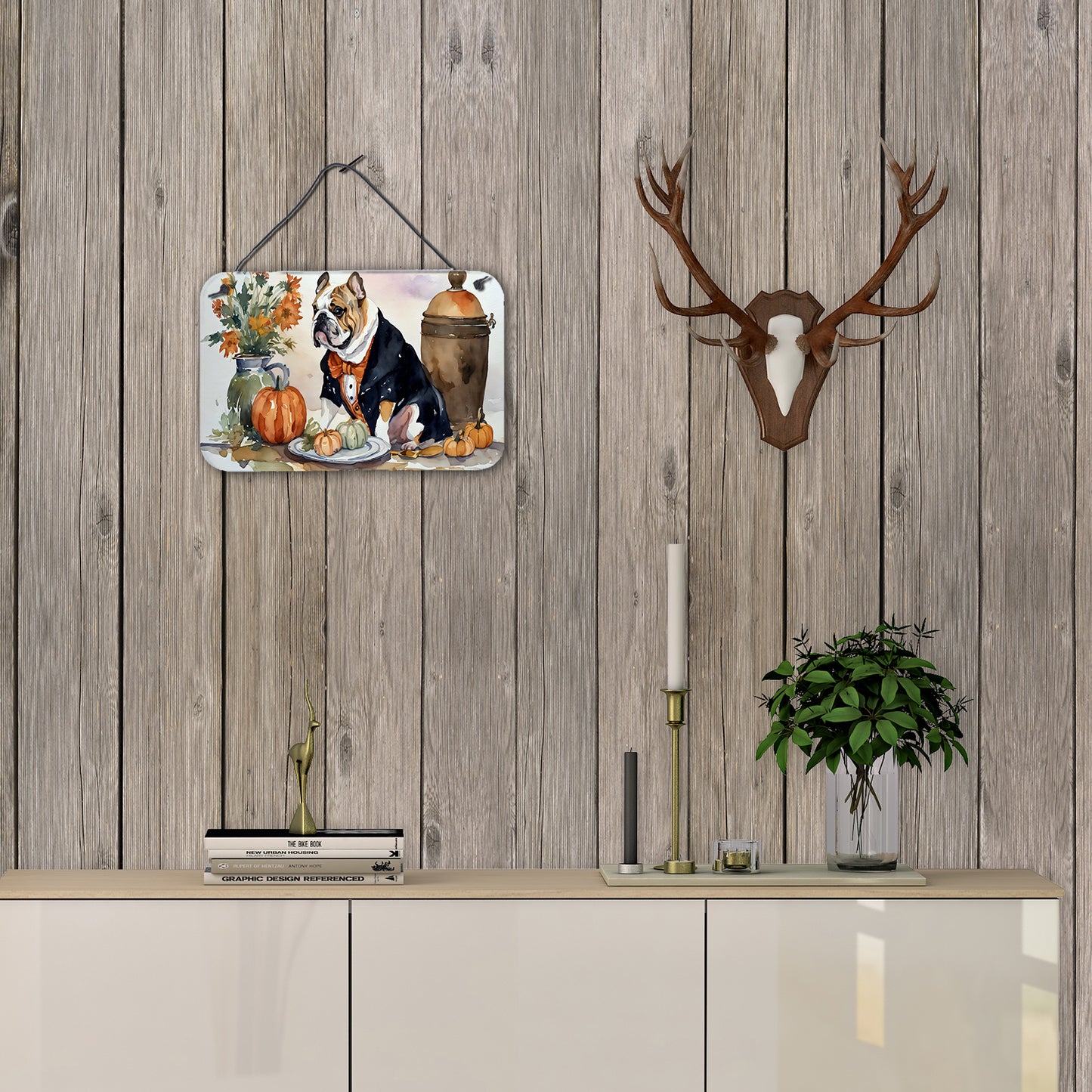 English Bulldog Fall Kitchen Pumpkins Wall or Door Hanging Prints
