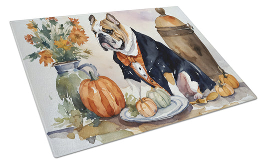 Buy this English Bulldog Fall Kitchen Pumpkins Glass Cutting Board