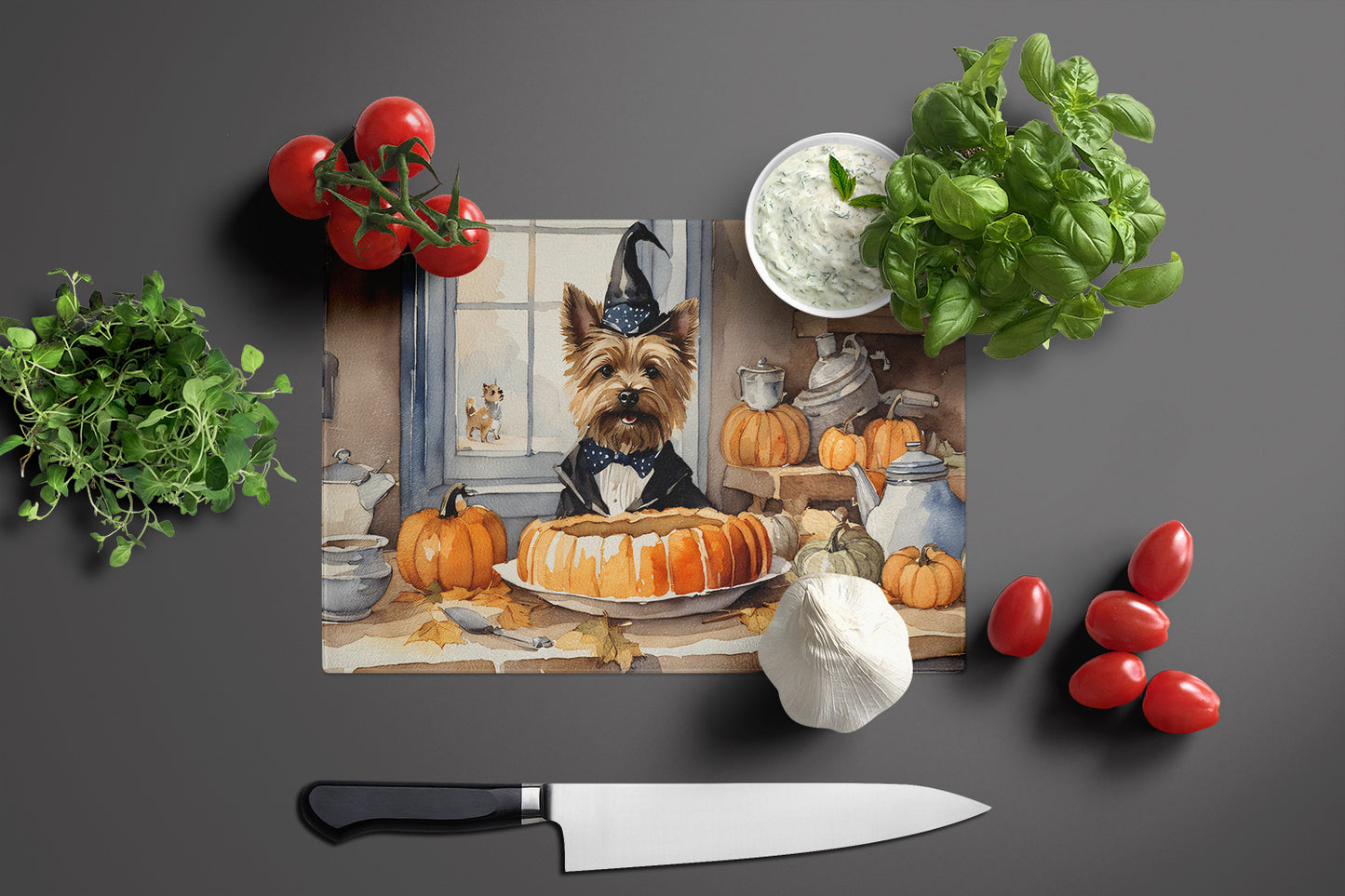 Cairn Terrier Fall Kitchen Pumpkins Glass Cutting Board