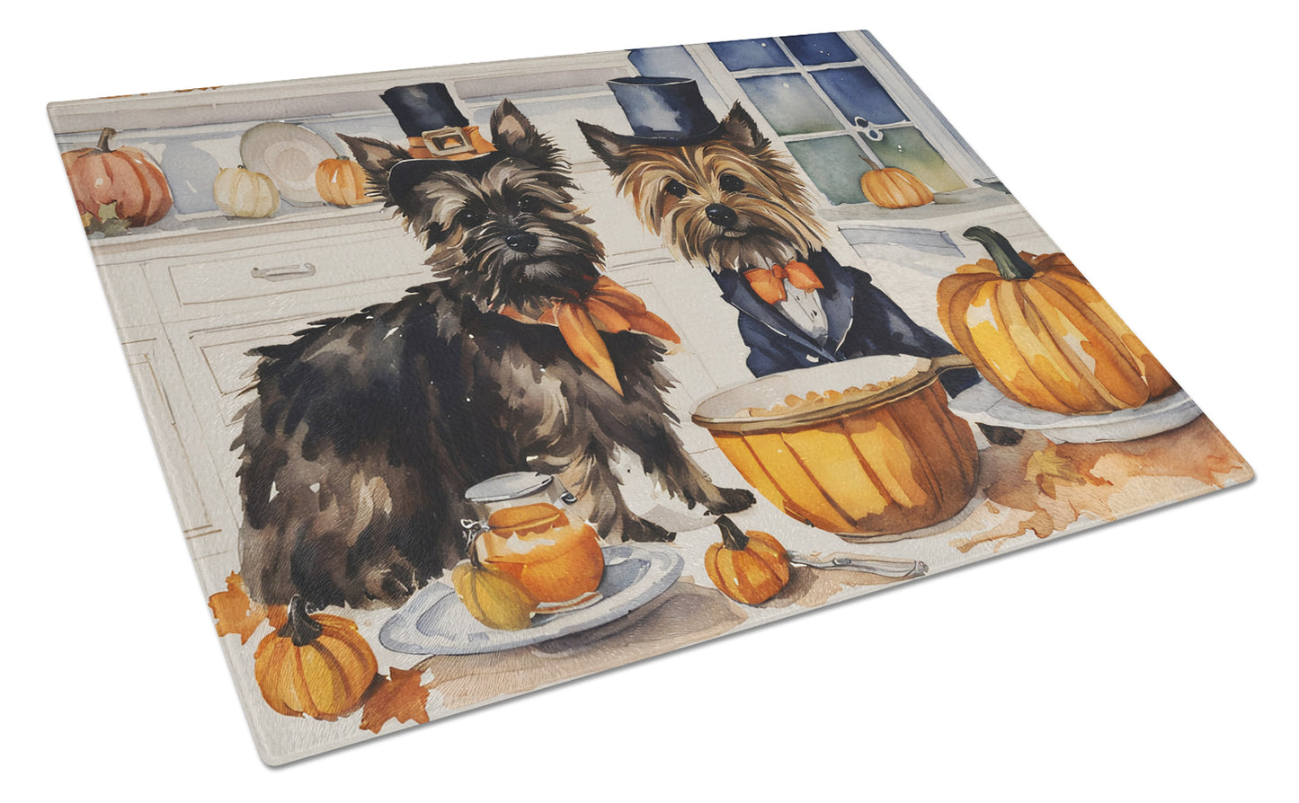 Buy this Cairn Terrier Fall Kitchen Pumpkins Glass Cutting Board