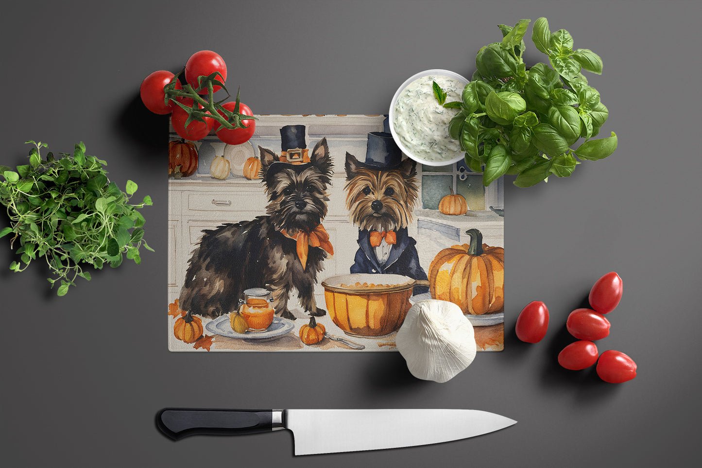 Cairn Terrier Fall Kitchen Pumpkins Glass Cutting Board