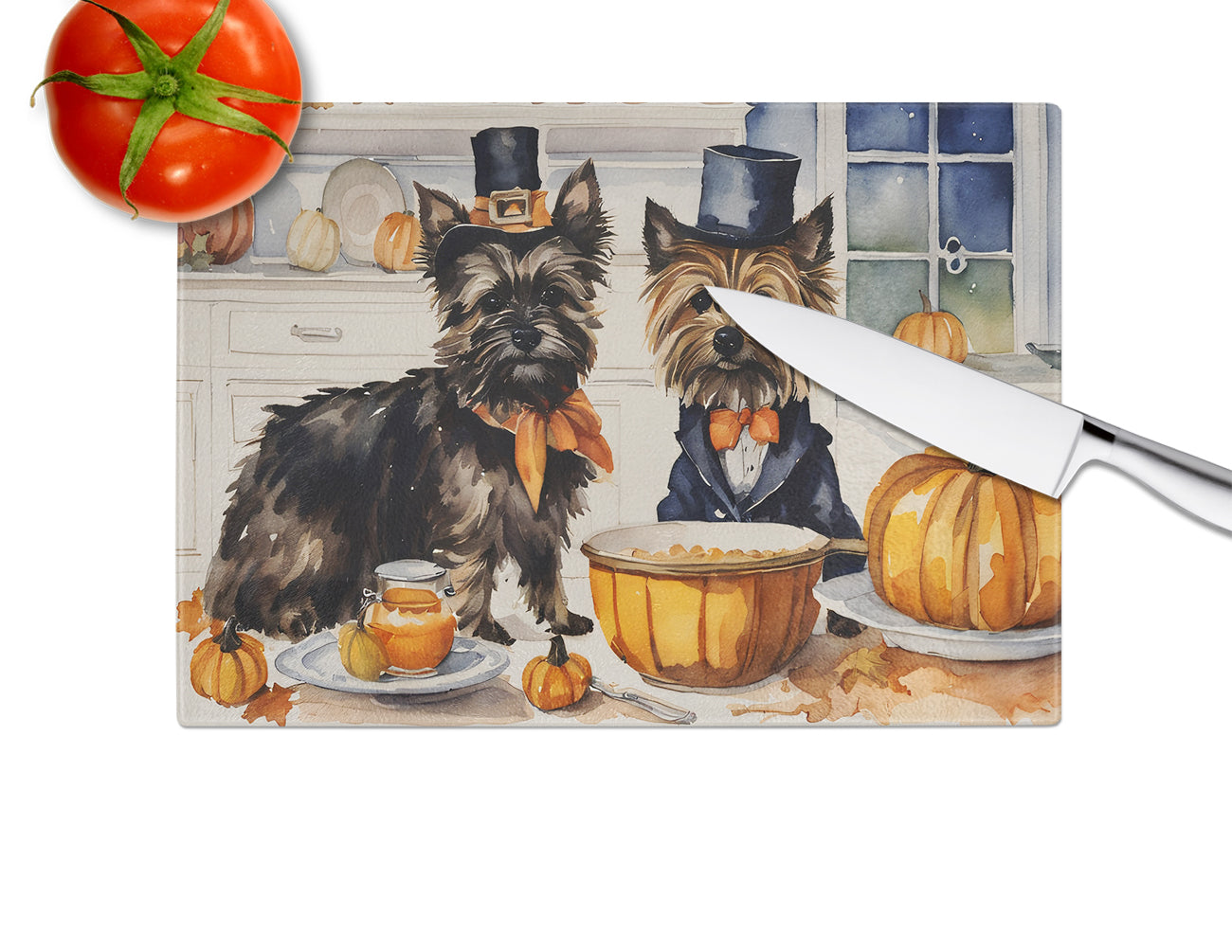 Cairn Terrier Fall Kitchen Pumpkins Glass Cutting Board