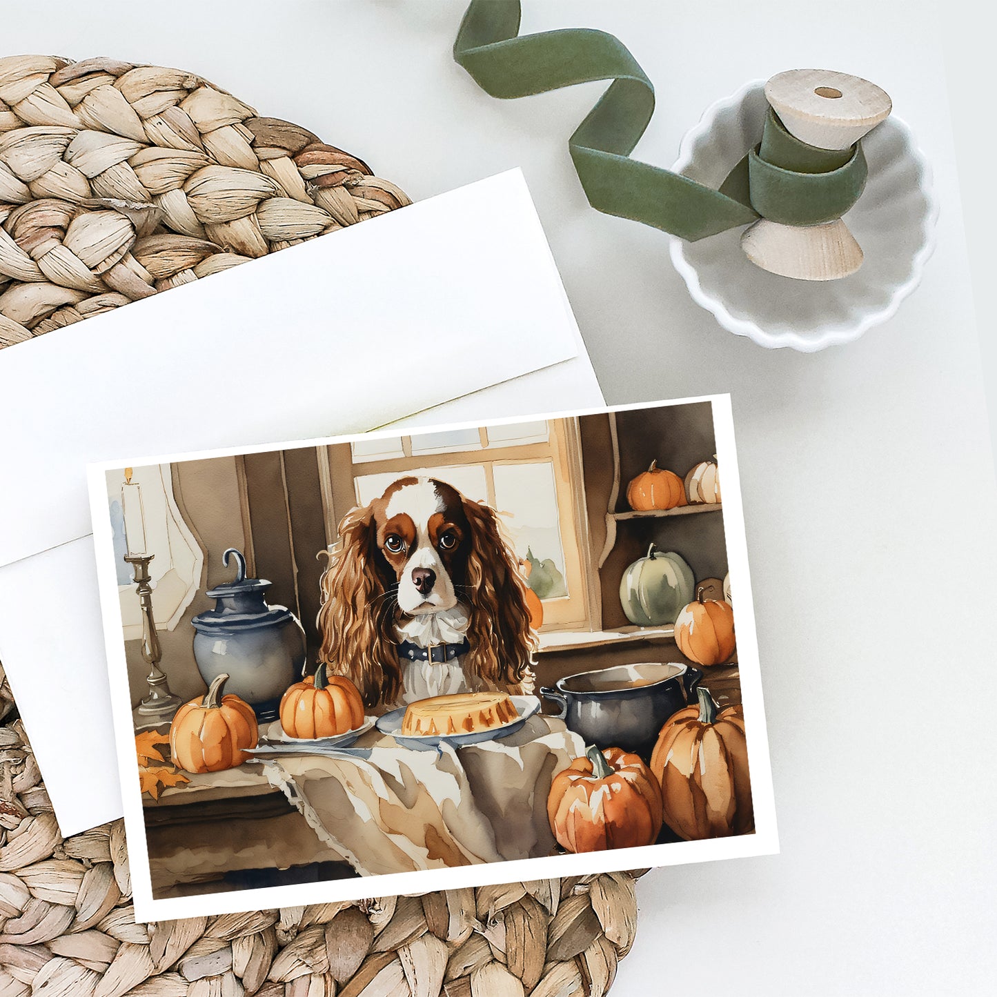 Cavalier Spaniel Fall Kitchen Pumpkins Greeting Cards Pack of 8