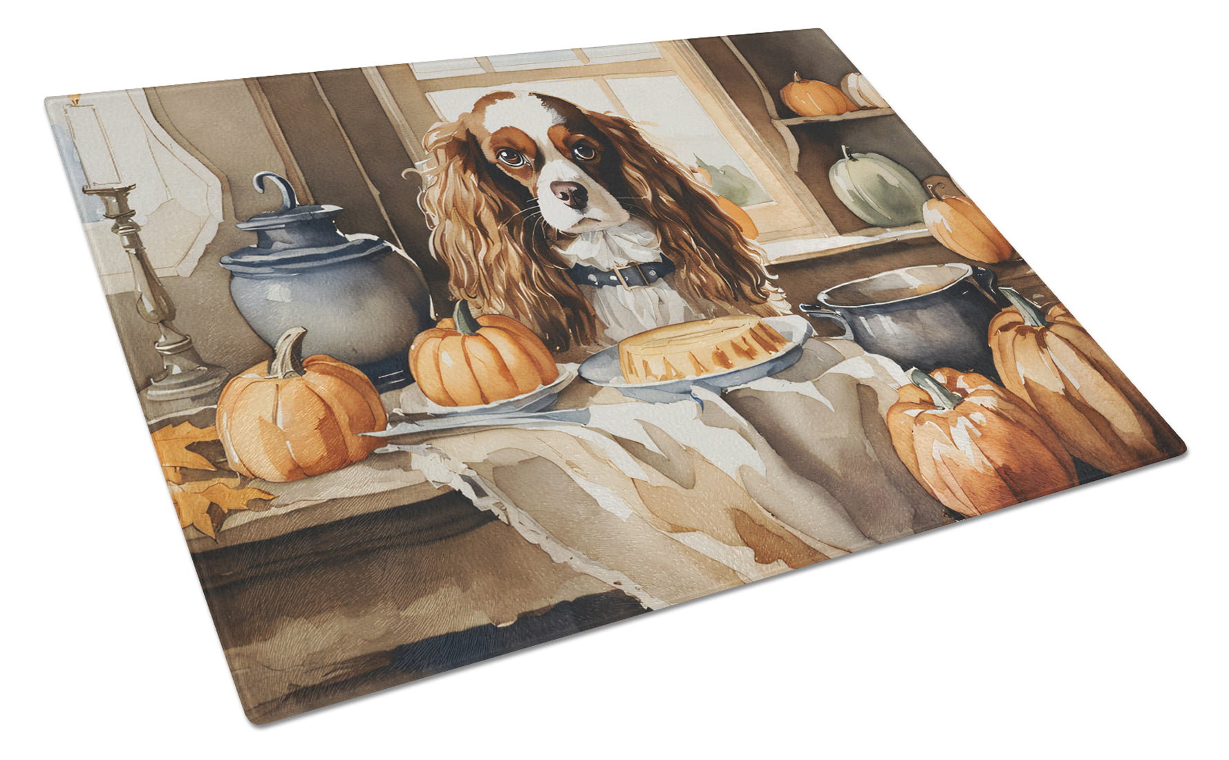 Buy this Cavalier Spaniel Fall Kitchen Pumpkins Glass Cutting Board