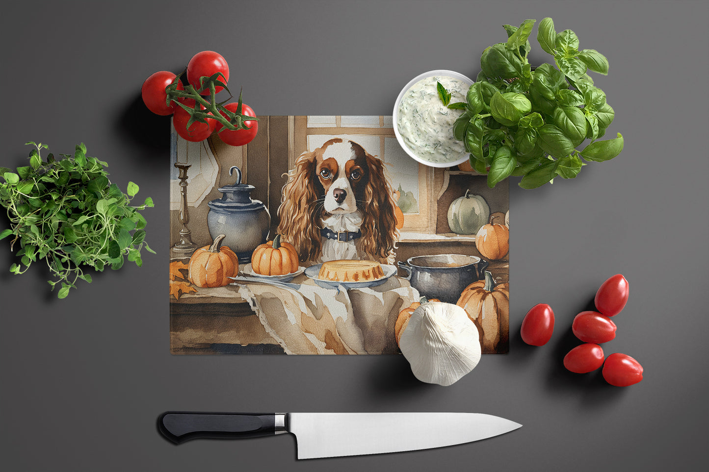 Cavalier Spaniel Fall Kitchen Pumpkins Glass Cutting Board