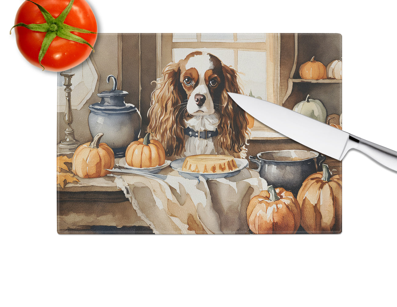 Cavalier Spaniel Fall Kitchen Pumpkins Glass Cutting Board