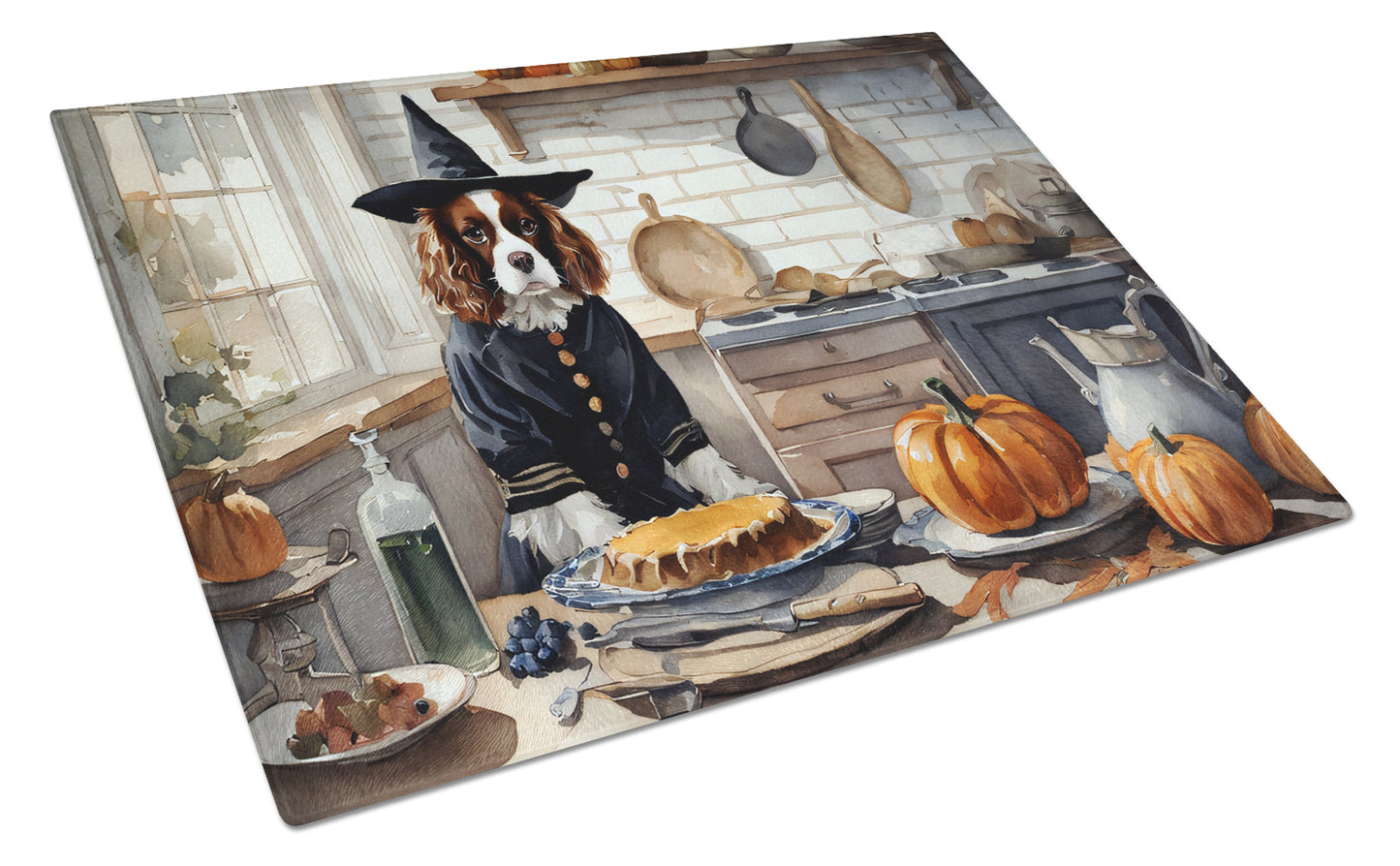 Buy this Cavalier Spaniel Fall Kitchen Pumpkins Glass Cutting Board