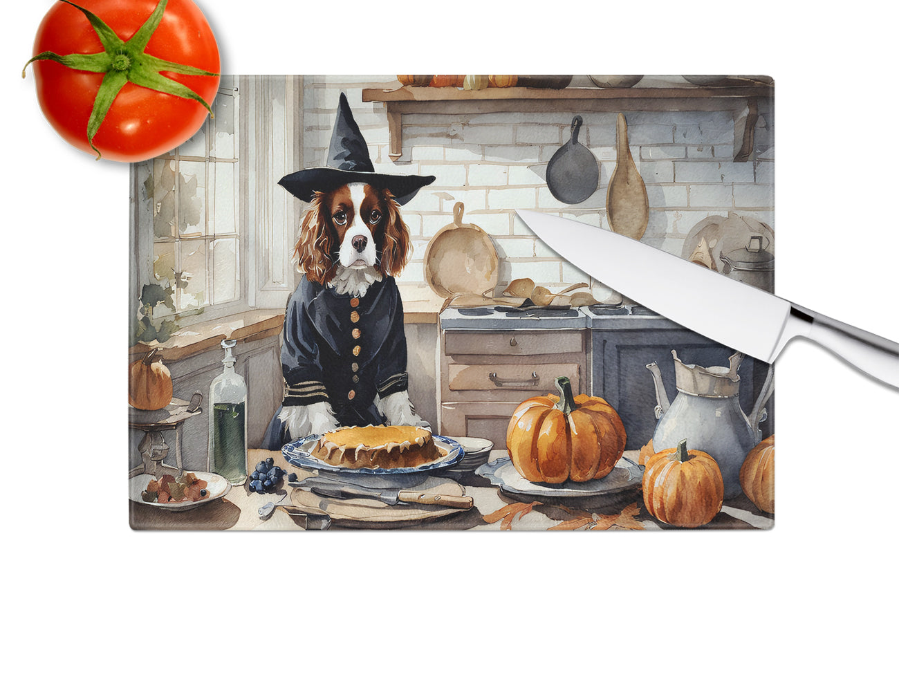 Cavalier Spaniel Fall Kitchen Pumpkins Glass Cutting Board