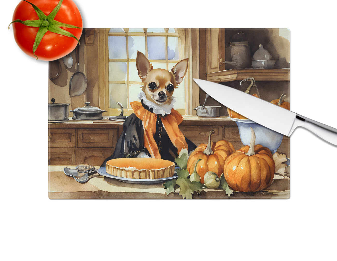 Chihuahua Fall Kitchen Pumpkins Glass Cutting Board