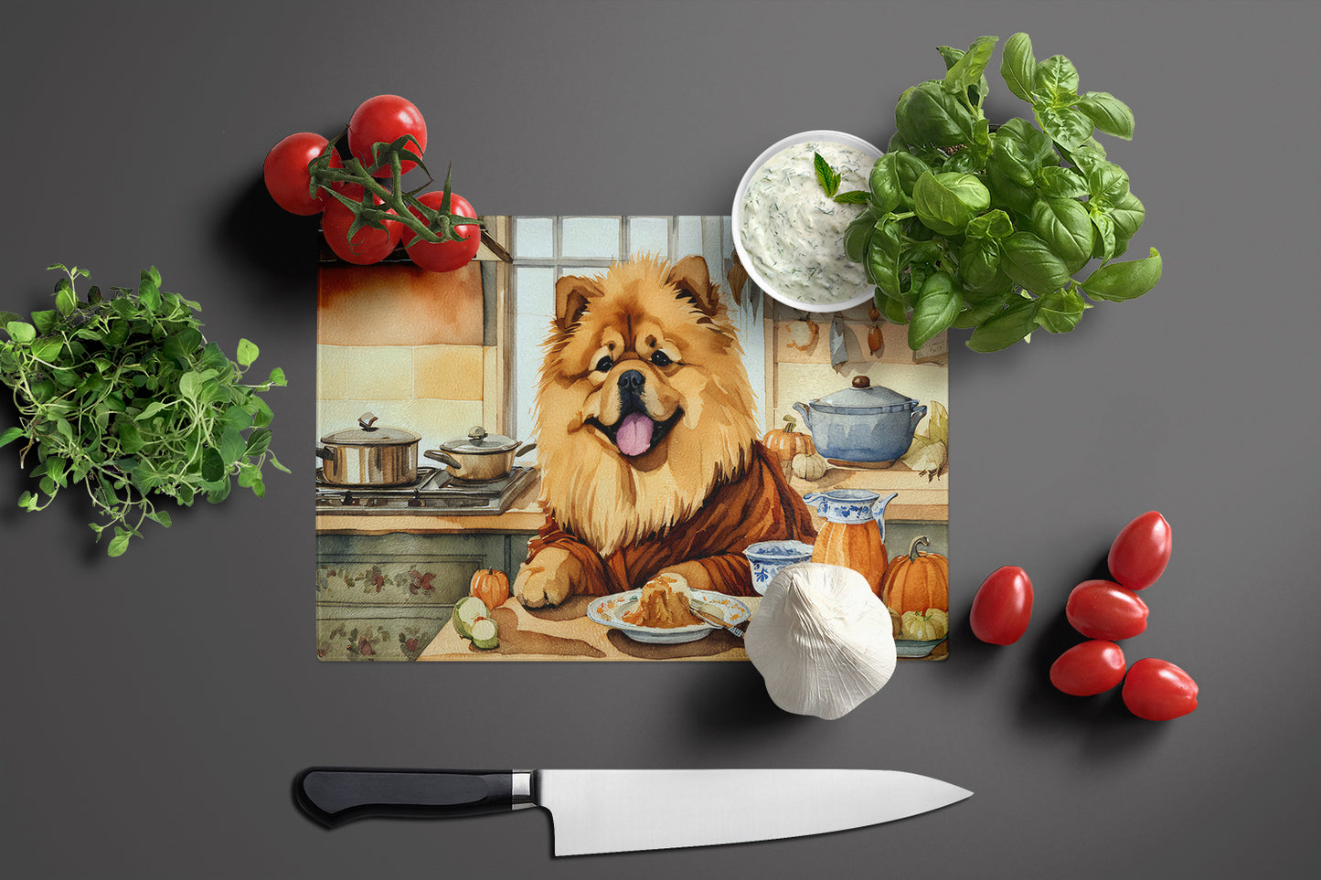 Chow Chow Fall Kitchen Pumpkins Glass Cutting Board