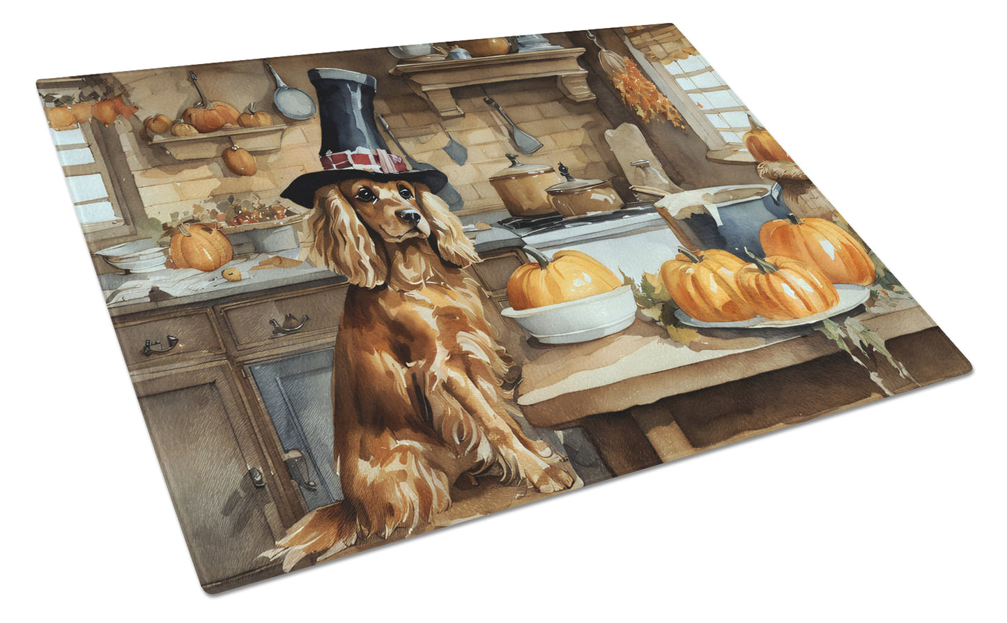 Buy this Cocker Spaniel Fall Kitchen Pumpkins Glass Cutting Board