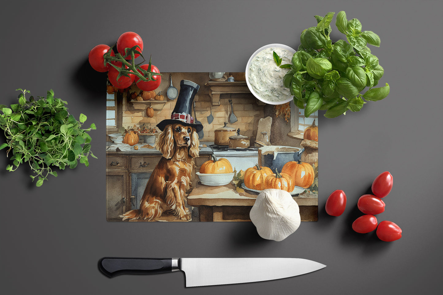 Cocker Spaniel Fall Kitchen Pumpkins Glass Cutting Board