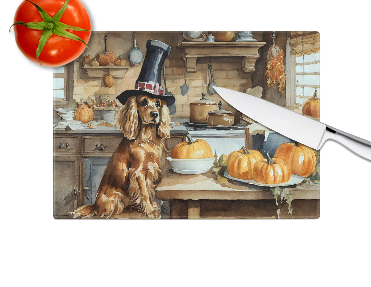 Cocker Spaniel Fall Kitchen Pumpkins Glass Cutting Board