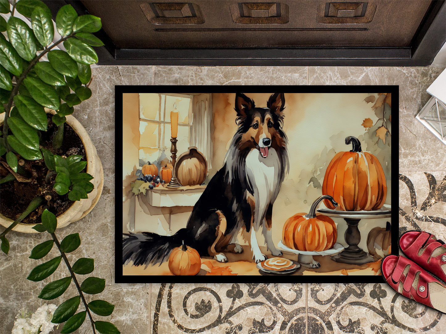 Collie Fall Kitchen Pumpkins Doormat