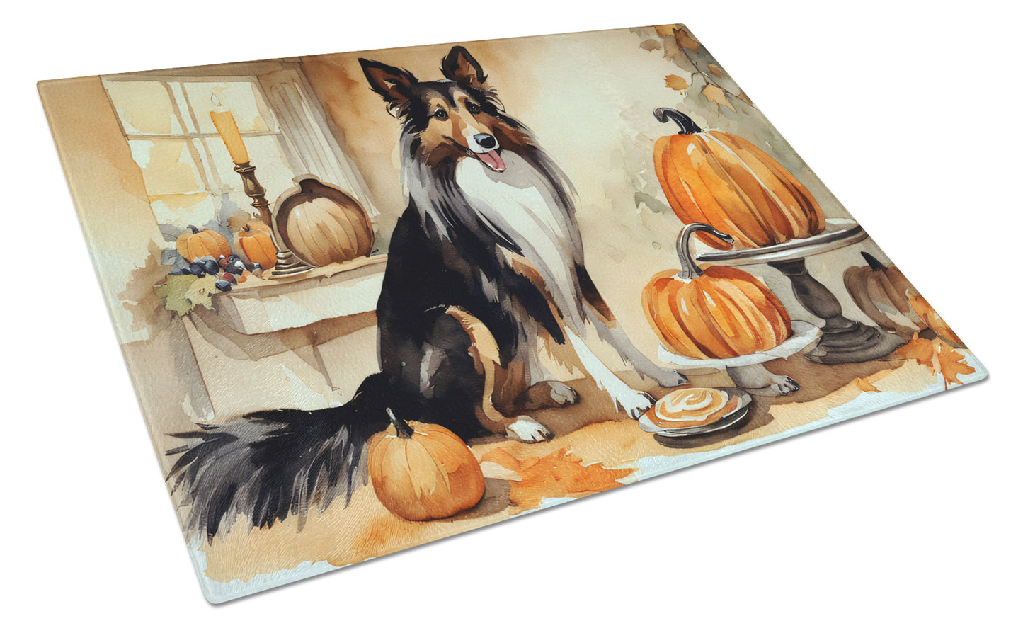 Buy this Collie Fall Kitchen Pumpkins Glass Cutting Board