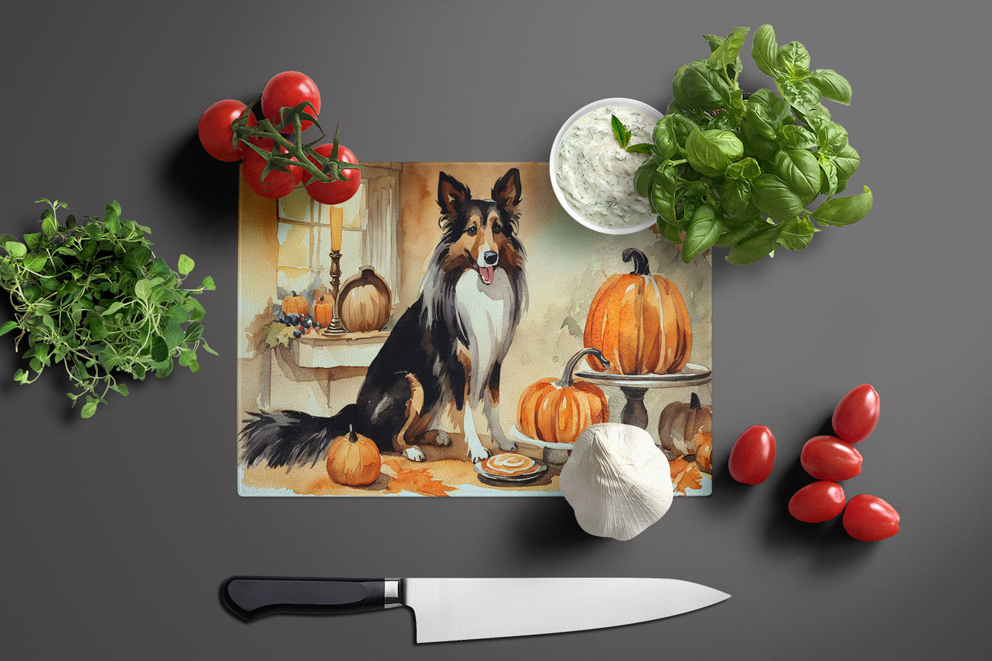 Collie Fall Kitchen Pumpkins Glass Cutting Board