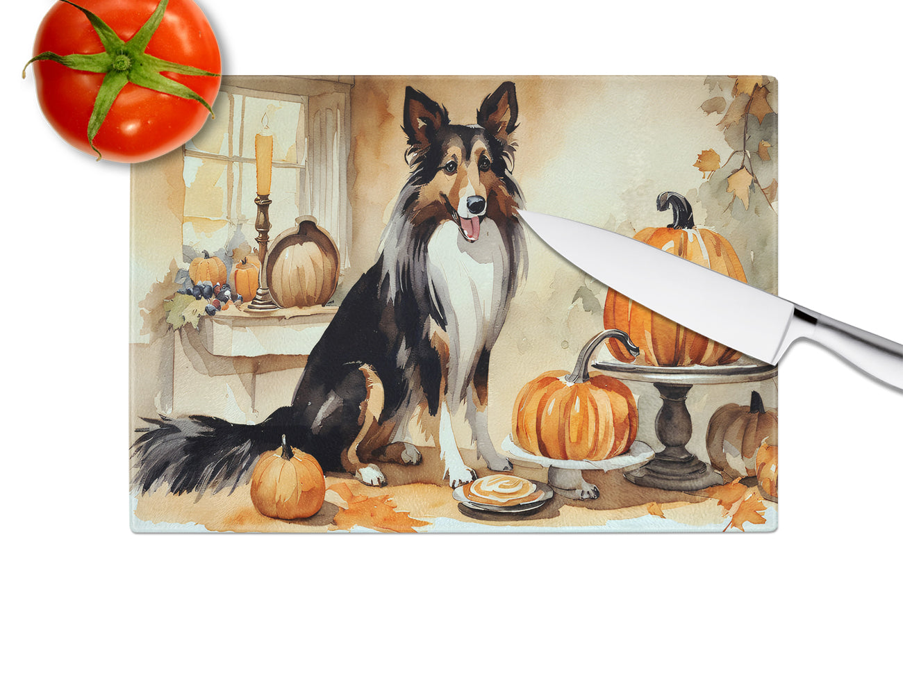 Collie Fall Kitchen Pumpkins Glass Cutting Board