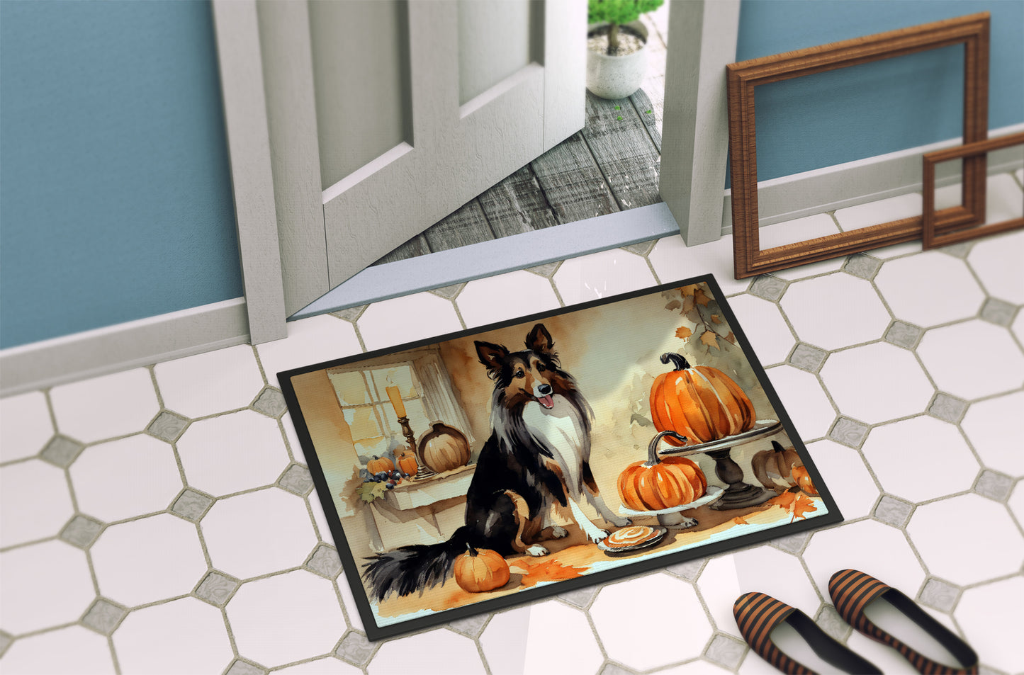 Collie Fall Kitchen Pumpkins Doormat