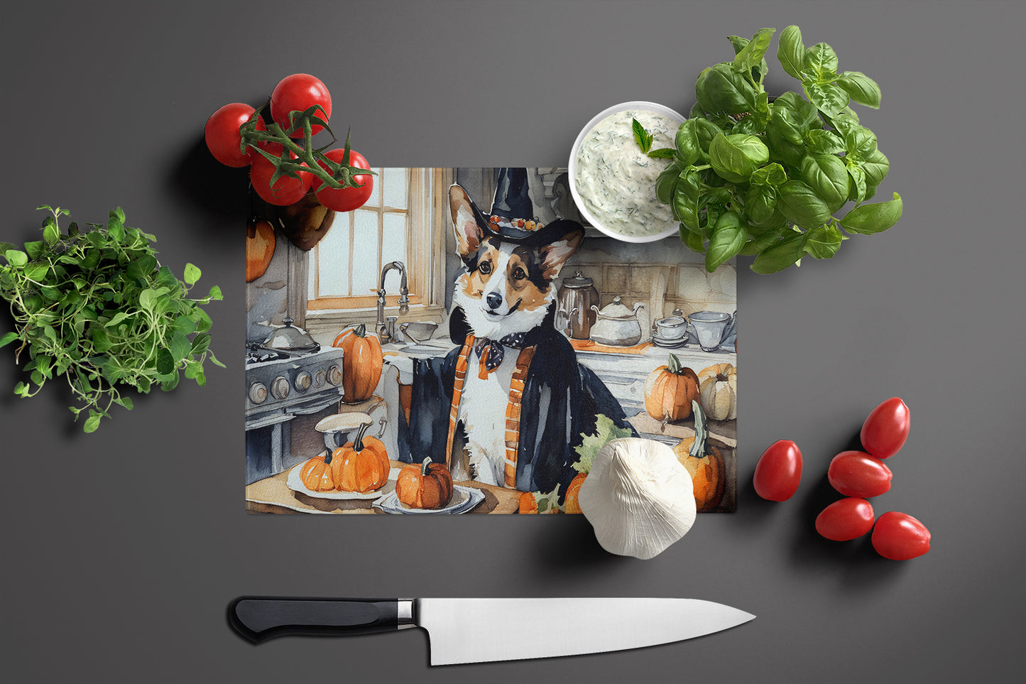 Corgi Fall Kitchen Pumpkins Glass Cutting Board