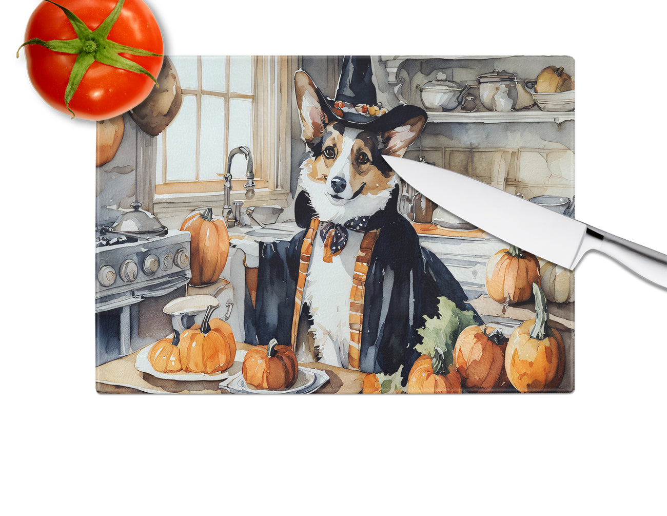 Corgi Fall Kitchen Pumpkins Glass Cutting Board