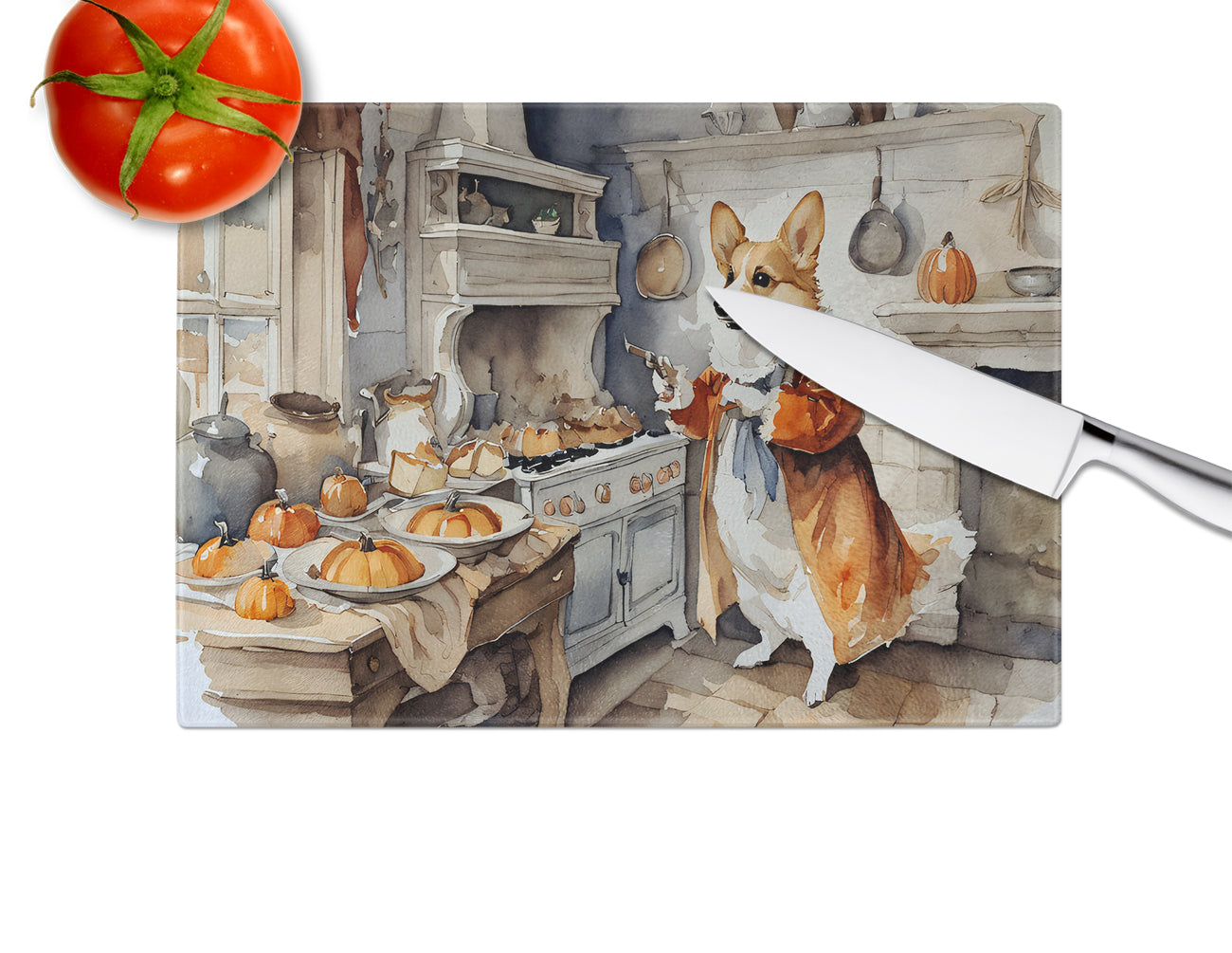 Corgi Fall Kitchen Pumpkins Glass Cutting Board