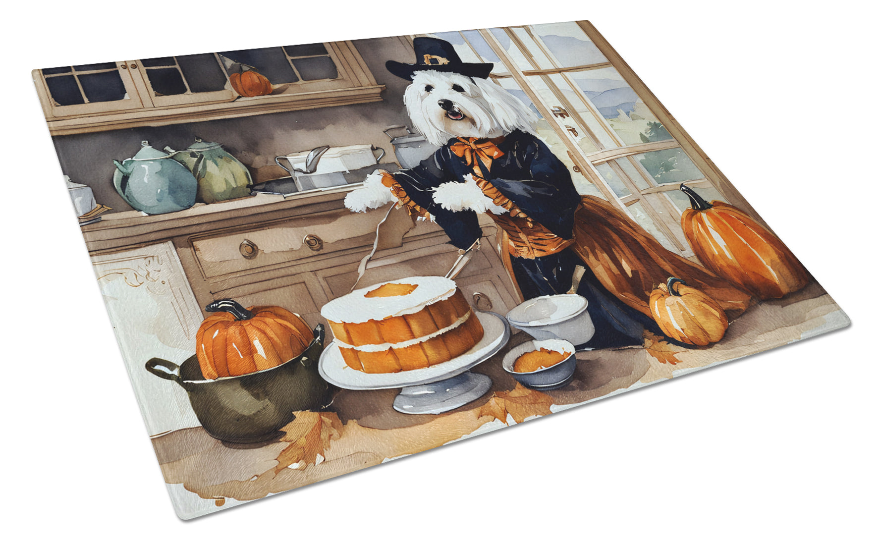 Buy this Coton De Tulear Fall Kitchen Pumpkins Glass Cutting Board