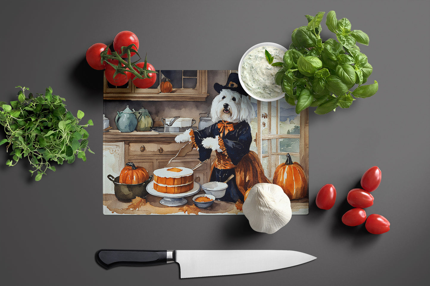 Coton De Tulear Fall Kitchen Pumpkins Glass Cutting Board