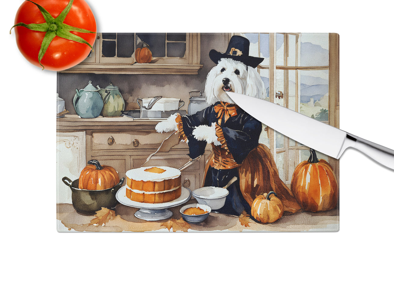 Coton De Tulear Fall Kitchen Pumpkins Glass Cutting Board