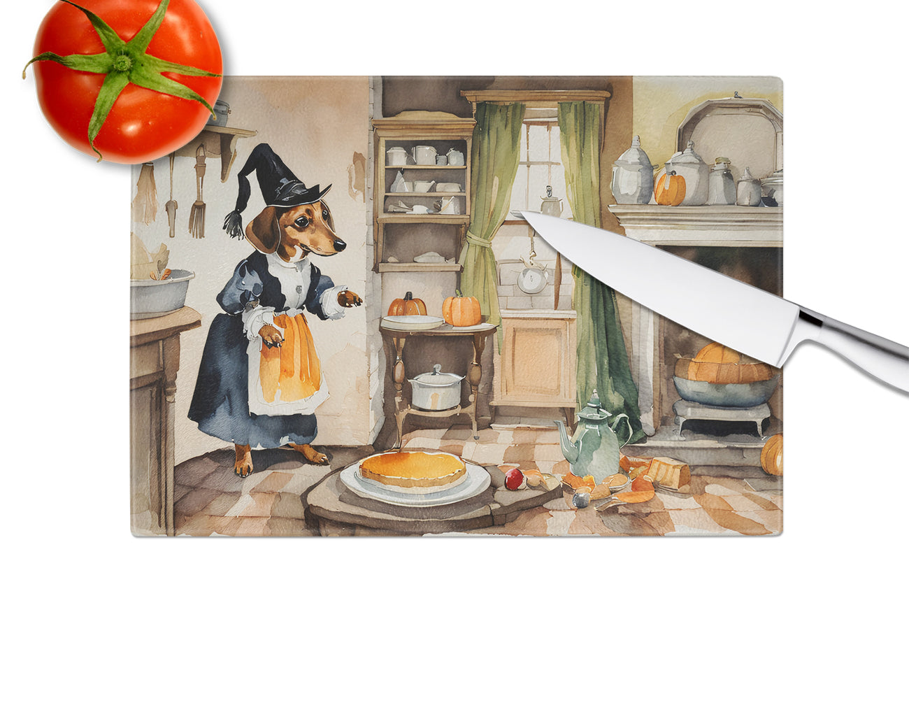 Dachshund Fall Kitchen Pumpkins Glass Cutting Board