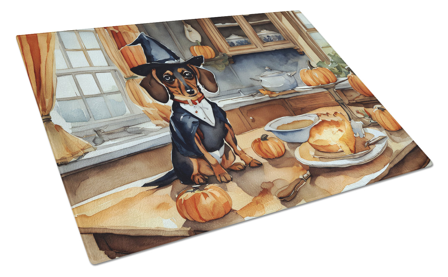 Buy this Dachshund Fall Kitchen Pumpkins Glass Cutting Board