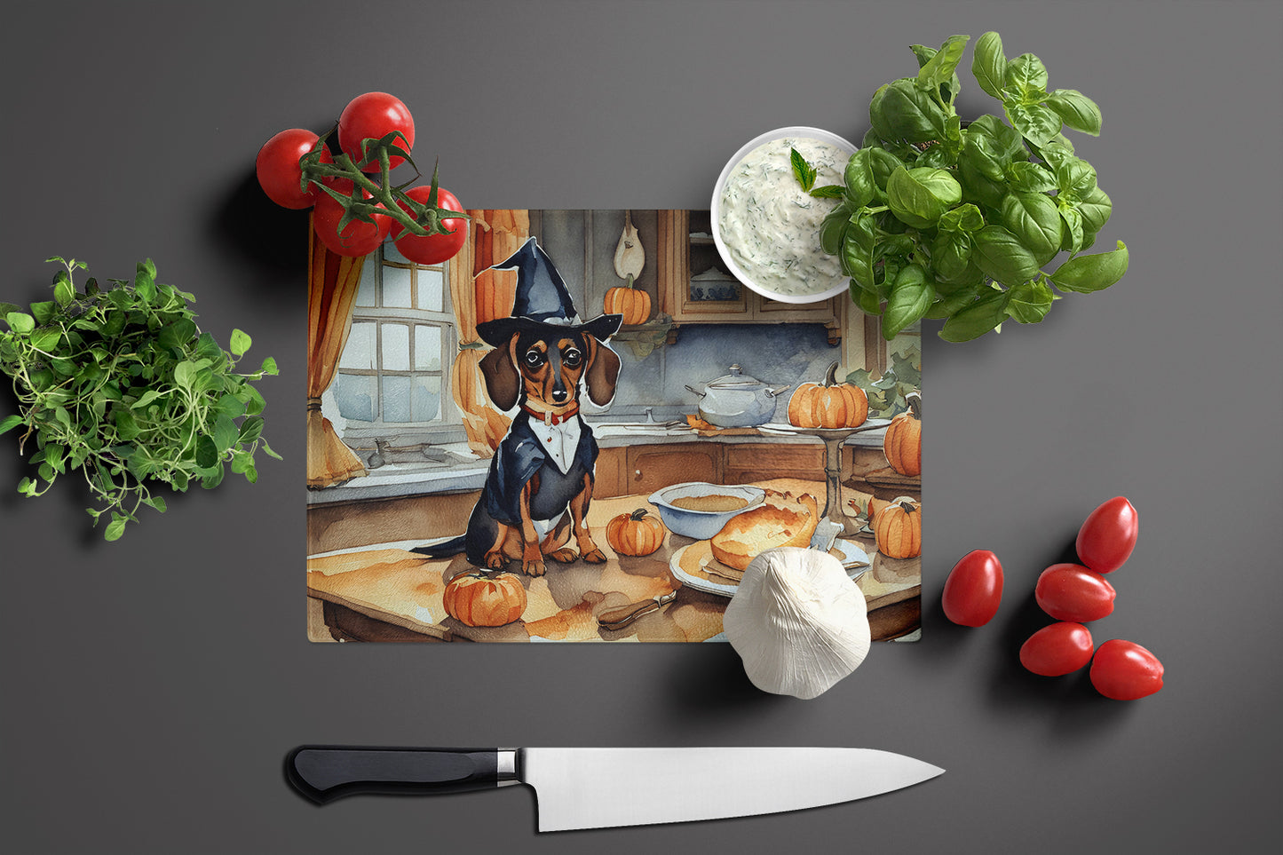 Dachshund Fall Kitchen Pumpkins Glass Cutting Board