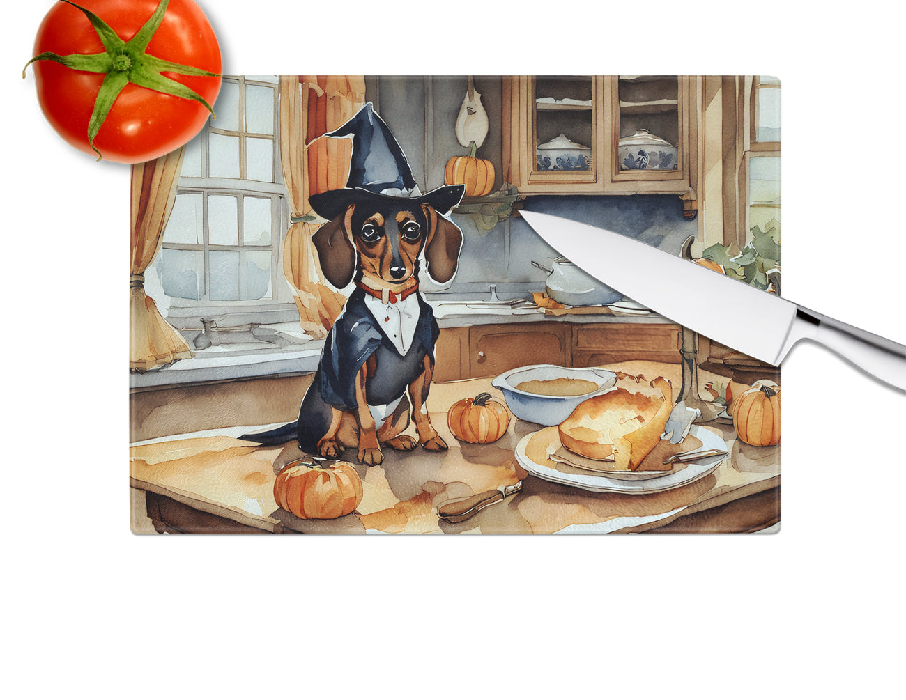 Dachshund Fall Kitchen Pumpkins Glass Cutting Board