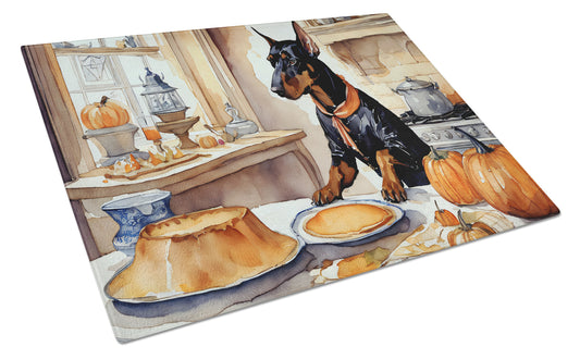 Buy this Doberman Pinscher Fall Kitchen Pumpkins Glass Cutting Board