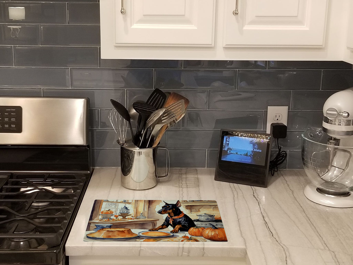 Doberman Pinscher Fall Kitchen Pumpkins Glass Cutting Board