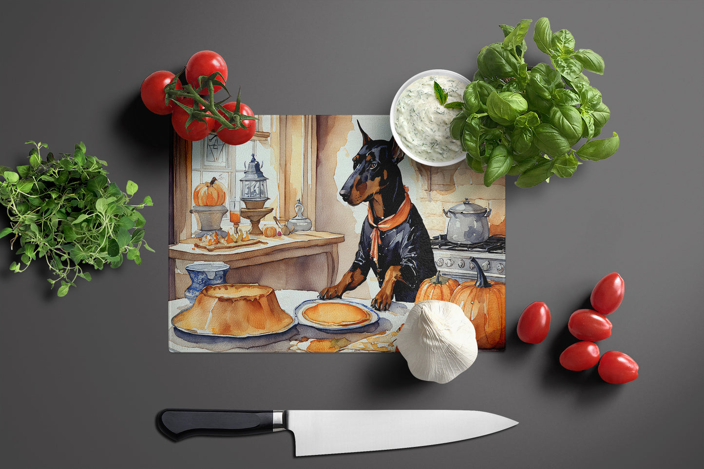 Doberman Pinscher Fall Kitchen Pumpkins Glass Cutting Board